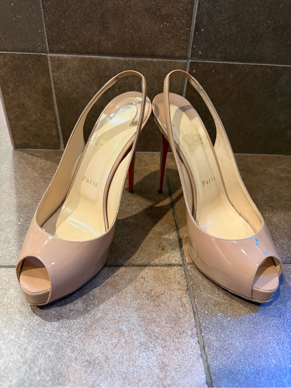 Christian Louboutin Nude Patent Peep-Toe Slingback Heels
